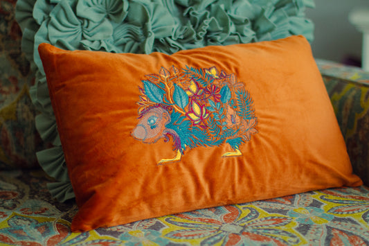 Velvet Throw Pillow Hedgehog Embroidered