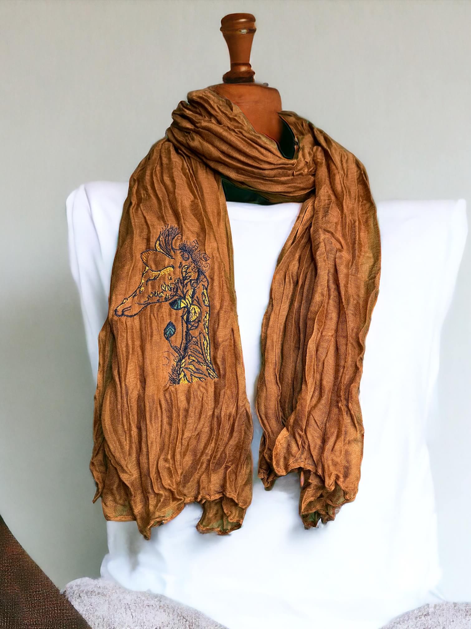 autumn brown crinkle scarf embroidered giraffe head