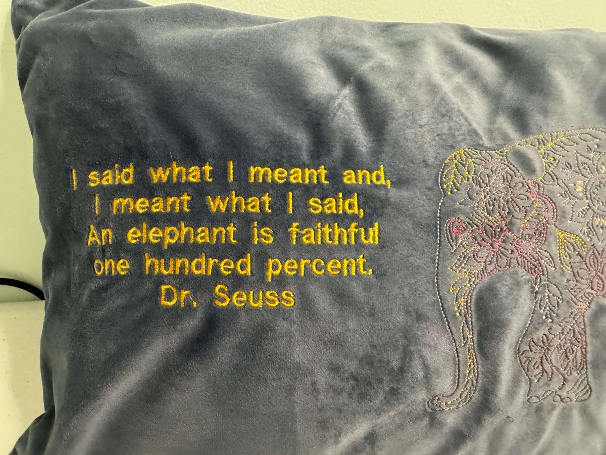 Decorative Pillow An Elephant is Faithful - A Stitch Above Embroidery